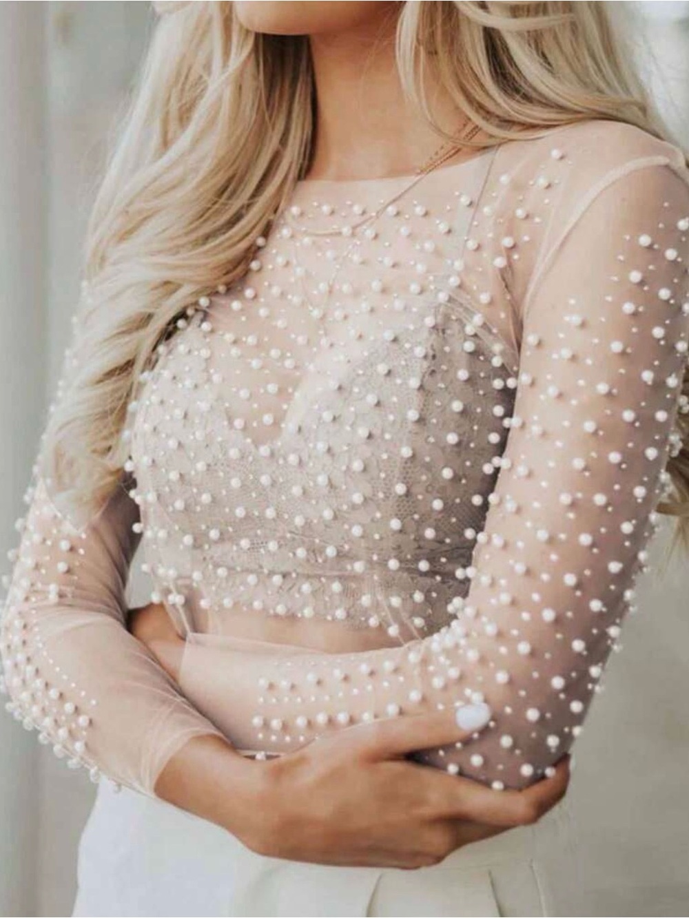 SHEIN White Mesh Pearl-Embellished Sheer Top